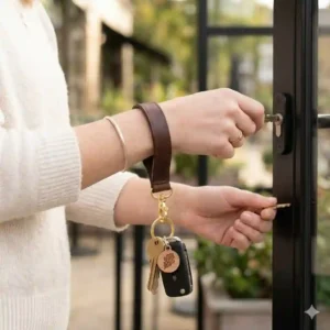 Close-up of a durable metal clasp on a wrist key ring.
