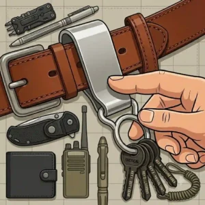 An overhead flat lay illustration of everyday carry gear featuring a custom leather belt key holder, pocket knife, and wallet.