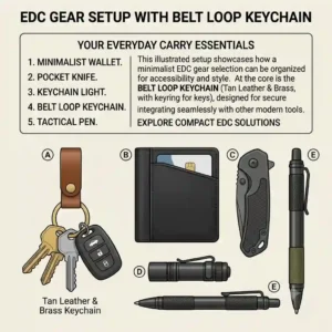 A flat-lay illustration of everyday carry gear featuring a minimalist wallet, a pocket knife, and a tactical belt loop keychain.
