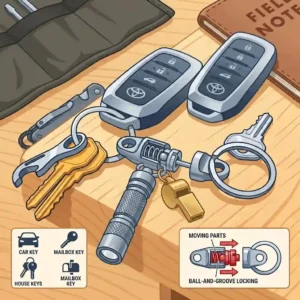 A flat-lay illustration of everyday carry gear, including a pocket knife, flashlight, and a quick release key ring.