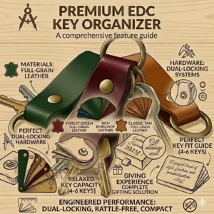 An exploded view illustration highlighting the heavy-duty stainless steel snap and reinforced stitching on a durable leather key ring holder.