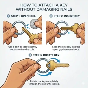 Step by step instruction graphic showing how to easily open split key rings without damaging finger nails.