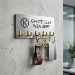 Minimalist metal hook key chain holder custom built for sleek office interiors.