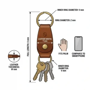 Dimension guide illustration showing the exact size, width, and length measurements of the leather keychain holder.