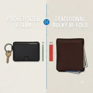 An illustration comparing the slim size of a pocket-sized leather keychain wallet next to a traditional bulky bi-fold wallet.