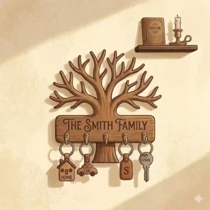 An entryway floating shelf and personalized key holder combination holding mail, a small plant, and car keys.