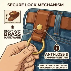 Close-up graphic of a heavy-duty tactical belt loop key holder with a quick-release detachable key ring.