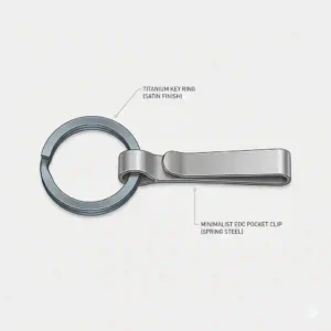 A lightweight titanium ring key ring attached to a minimalist everyday carry pocket clip.