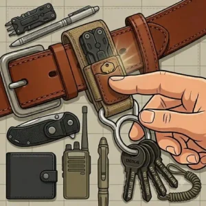 A dual-purpose leather belt key holder and compact multitool sheath combo worn securely on a waist belt.