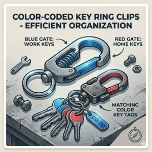 An illustration of a silent duty belt key holder featuring a protective hook-and-loop flap to prevent keys from jingling.