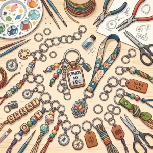 A creative layout of crafting tools and small split key rings used for making personalized handmade trinkets.