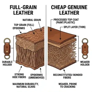 Infographic comparing leather quality layers, explaining why full-grain leather keychain holders are highly durable.
