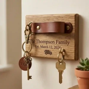A personalized text key chain holder custom printed with a family name and moving date.
