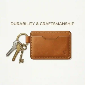 Graphic illustration highlighting the full-grain leather texture and reinforced stitching of a durable leather keychain wallet.