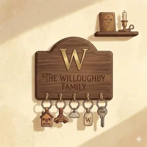 A cute pet-themed personalized key holder with dedicated hooks for house keys and a dog leash.