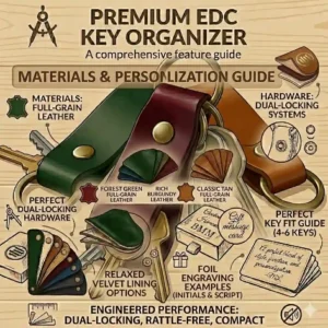 An illustration comparing how a slim minimalist leather key ring holder fits neatly into a pocket versus clipping onto a bag strap for everyday carry.