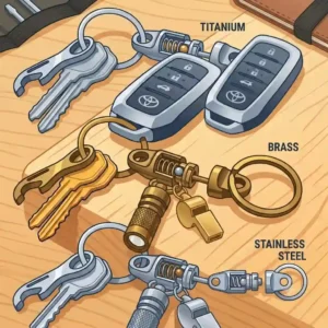 A comparative illustration showcasing a quick release key ring made in titanium, brass, and stainless steel finishes.