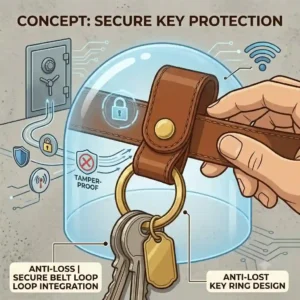 Concept illustration highlighting the security of a locked belt loop key holder preventing accidental loss.