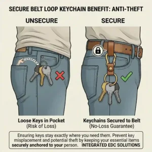 An illustration emphasizing the security benefits of a belt loop keychain, showing keys safely attached to a belt during outdoor activities.