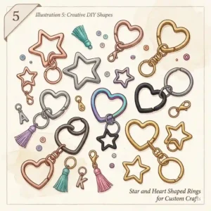 An assortment of star and heart shaped ring key ring designs used for custom DIY keychains.