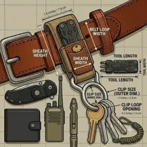 A detailed diagram illustrating the exact width, length, and belt loop clearance dimensions of a standard belt key holder.