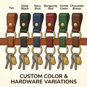 Array of multi-colored custom leather belt loop key holders including tan, black, and navy blue options.
