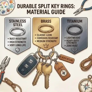 An infographic highlighting the differences between stainless steel, brass, and titanium split key rings.