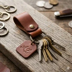 An illustration of a luxury gift box packaging designed for a personalized leather key ring holder