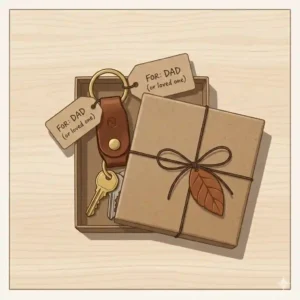 An illustration of a personalized leather keychain holder unboxed inside a minimalist cardboard gift package.