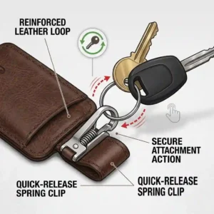 Illustration demonstrating how keys easily clip onto the quick-release ring of a functional leather keychain wallet.