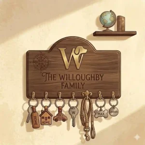 A luxury leather personalized key holder and wall organizer with gold embossed initials.