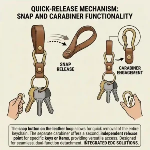 A vector illustration showing the quick-release mechanism of a modern belt loop keychain for easy key access.