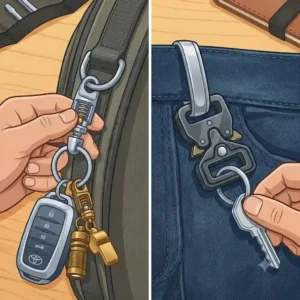 An illustration of a heavy-duty quick release key ring clipped onto a backpack strap and a belt loop.