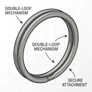 Close-up vector illustration highlighting the secure double loop mechanism of a standard steel ring key ring.
