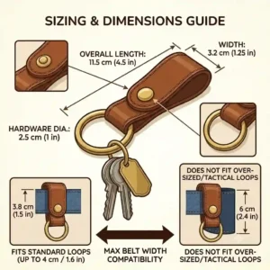 Sizing chart displaying the exact measurements and loop width compatibility for a standard belt loop key holder.