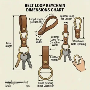 A technical illustration showing the exact dimensions, length, and loop width of a standard leather belt loop keychain.