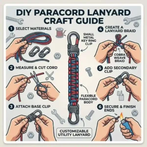 A step-by-step craft illustration showing how to assemble a custom paracord lanyard using small metal key ring clips.