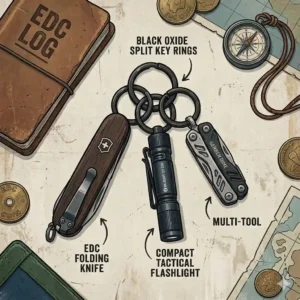 Everyday carry outdoor gear pocket items securely linked using black oxide split key rings.