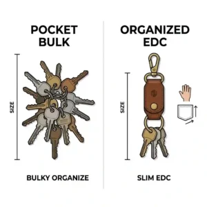 Flat-lay illustration of an everyday carry pocket setup featuring a compact leather keychain holder organizing multiple keys neatly.
