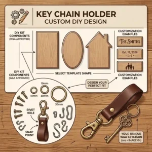 A creative DIY design layout showing a key chain holder custom options and hardware parts.