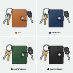 A lineup illustration showcasing a minimalist leather keychain wallet in multiple colors including tan, navy blue, forest green, and classic black.