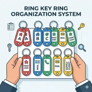 An organized multi-pack ring key ring system color-coded with plastic ID tags for office keys.