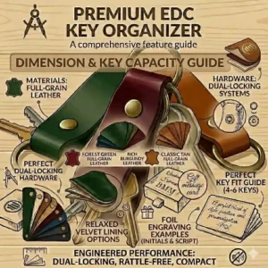 An illustration showing the placement options for custom monogramming and engraving on a personalized leather key ring holder.