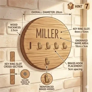 An infographic illustration showing the easy installation and dimensions of a wooden personalized key holder.
