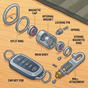 An exploded view diagram illustrating the dual rings, locking pin, and body of a magnetic quick release key ring.
