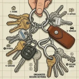 A close-up illustration of a snap-closure belt key holder securely organizing a large keyring with multiple keys.