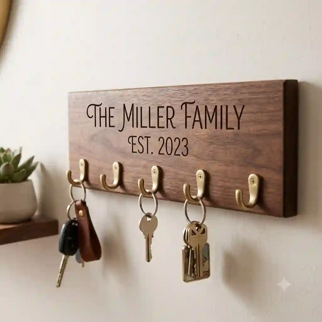 A custom personalized key rack made of dark wood mounted on an entryway wall holding several sets of keys.