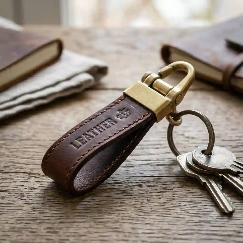 A premium handcrafted brown leather key ring with a solid brass clasp, displayed on a rustic wooden table.