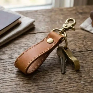 Close-up view of a minimalist tan leather key ring showing the durable stitching and metal hardware.