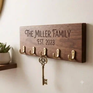 Close-up of a wooden custom personalized key rack featuring laser-engraved initials and brass hooks.